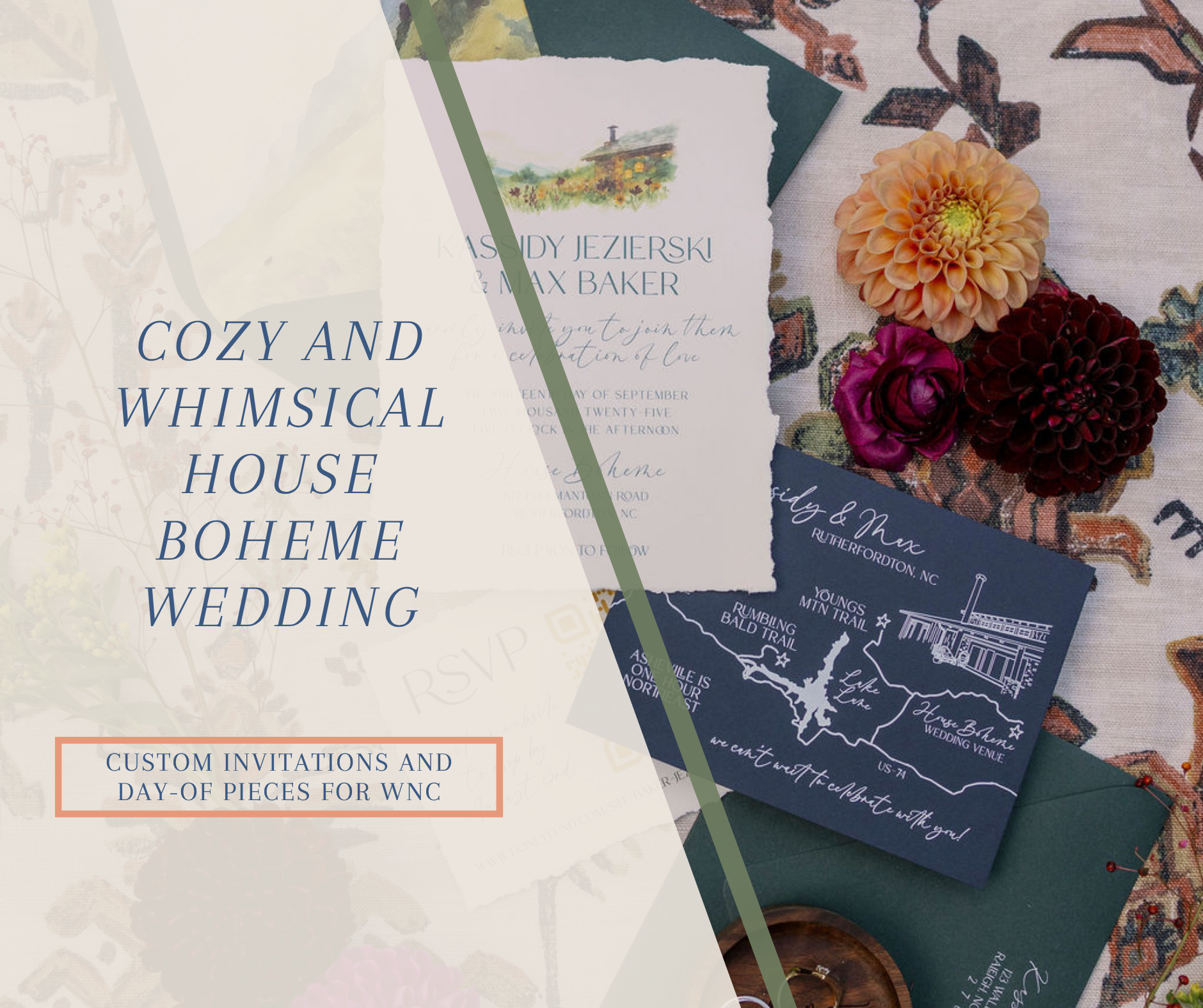 Blog featured thumbnail graphics overlaying a flat lay of custom bohemian wedding stationery. On the right, the layout features a deckled-edge wedding invitation, a deep blue illustrated map card, emerald envelopes, and colorful dahlias. A light, translucent geometric overlay covers the left side, featuring the text "COZY AND WHIMSICAL HOUSE BOHEME WEDDING" in blue calligraphy and a framed block reading "CUSTOM INVITATIONS AND DAY-OF PIECES FOR WNC."